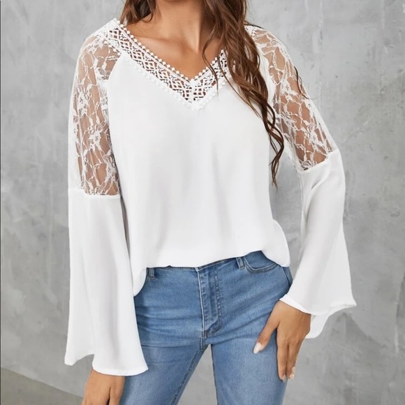 Boho white  lace insert V neck blouse - Picture 1 of 16